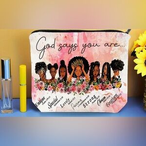 “God Says You Are” vibrant canvas cosmetic travel bag; size: 8 1/2” x 7 1/2”